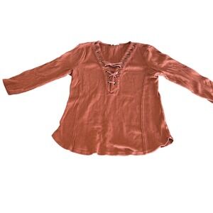 Womens Lace Up V Neck Long Sleeve Ribbed Tunic Top Rusty Orange XL